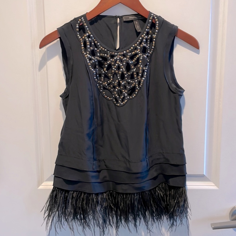 Black feather BCBG Maxazaria peplum top, Size Xs
